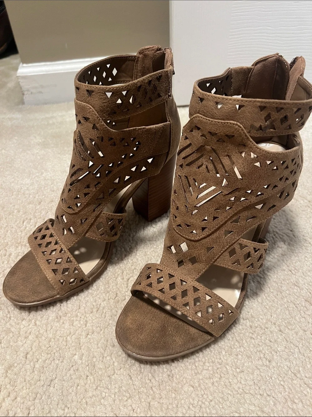 Fergie Brown Laser-Cut Gladiator Heels